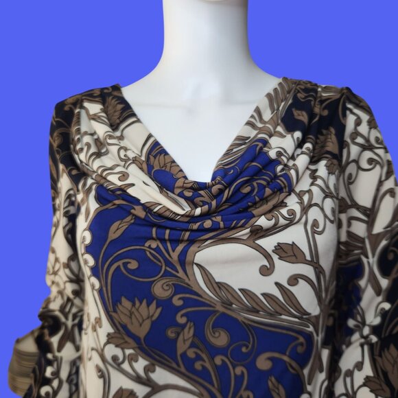 Floral Scroll Print Cowl Neck Midi Dress With 3/4 Sleeves - Size 8 - Picture 3 of 6